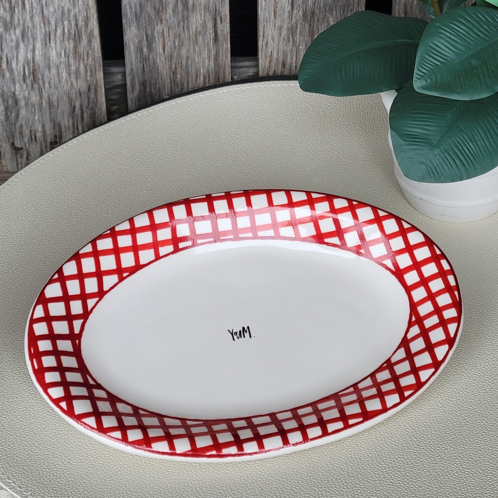 Rae Dunn Elegant Red and White Checkered Mini Oval Plate-Yum